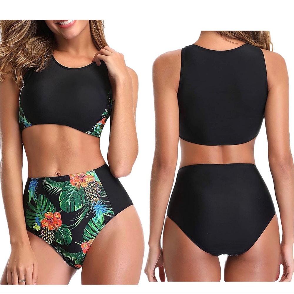 Tempt Me Black with Tropical Design Bikini Set Sporty. Size S. New.!